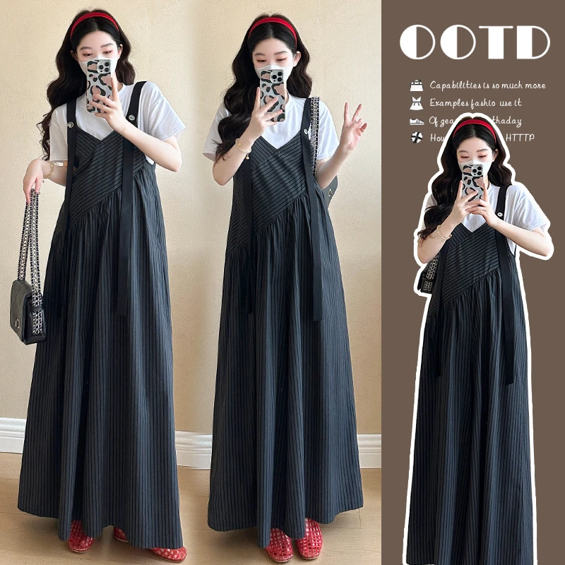 【晚媛若】2025夏季新款孕妇宽松显瘦休闲阔腿裤连体背带裤短袖上衣