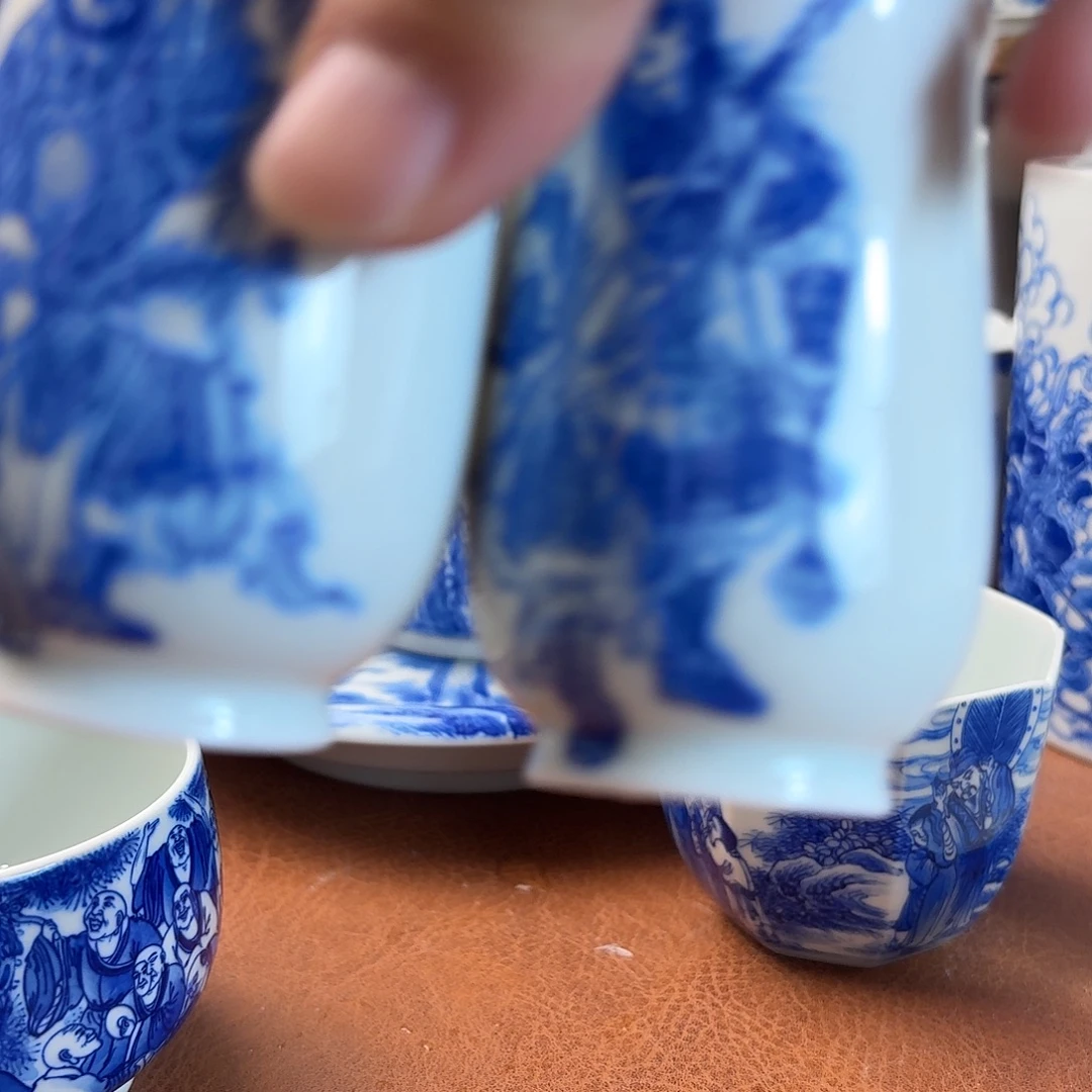 刷***刷手工艺品琉璃青花人物五虎将杯子