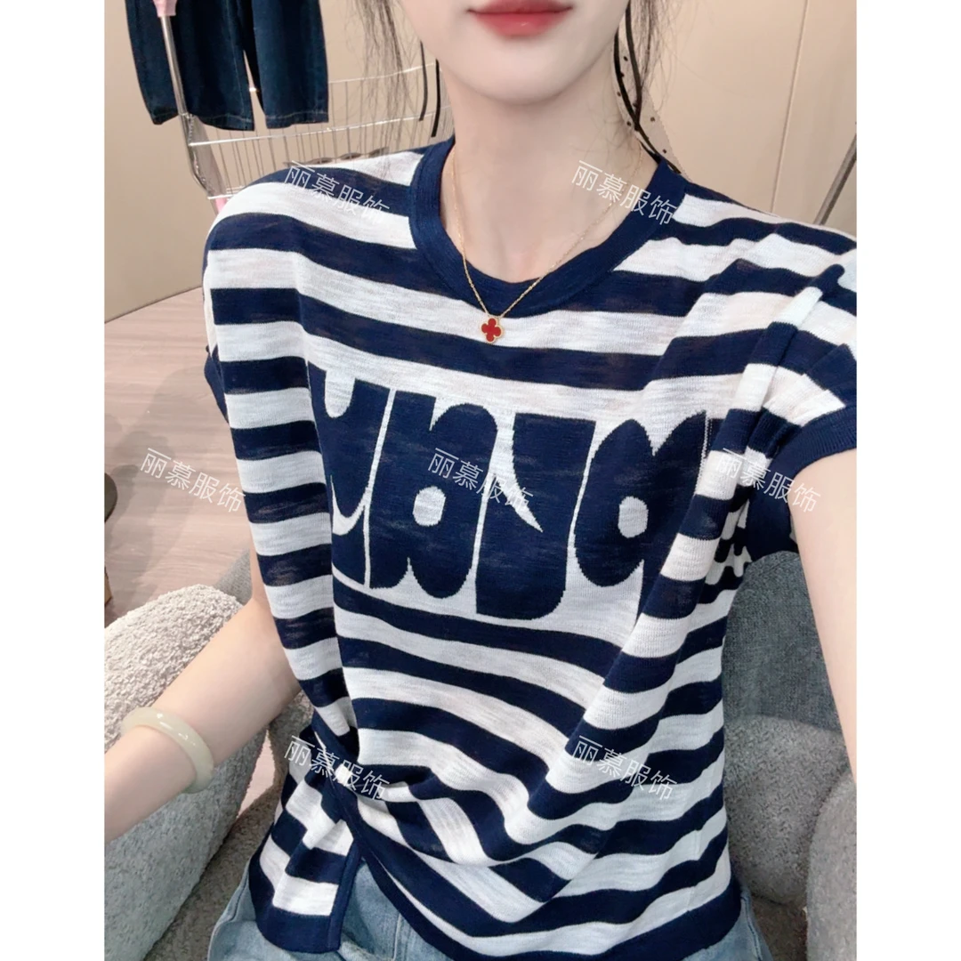 【条纹字母短袖】下摆不规则斜扣针织短袖字母条纹百搭薄款上衣1681