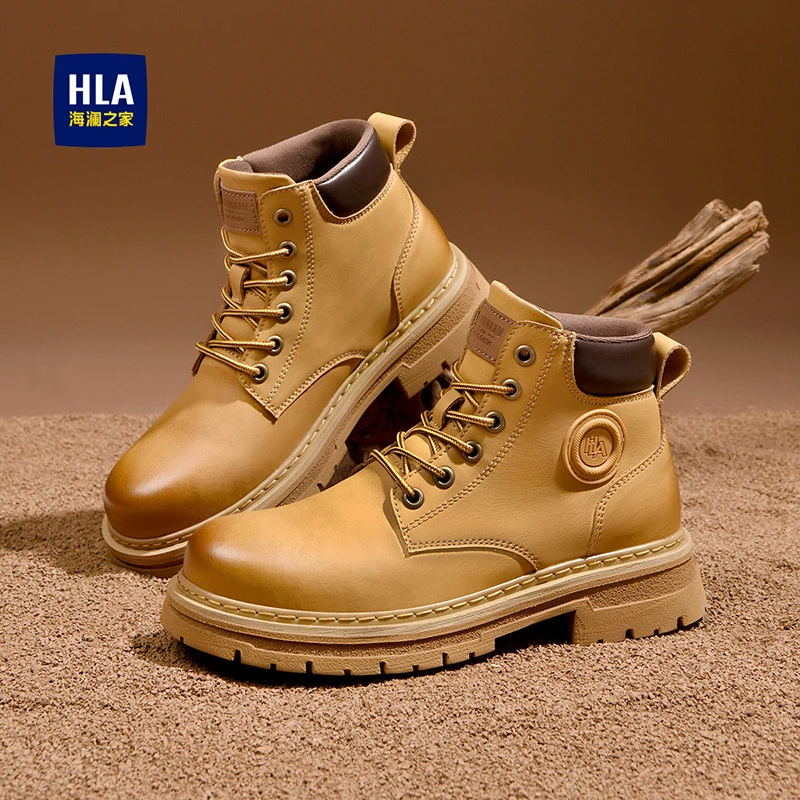 HLA/海澜之家秋季新款马丁靴户外休闲工装鞋高帮时尚加绒大黄靴子