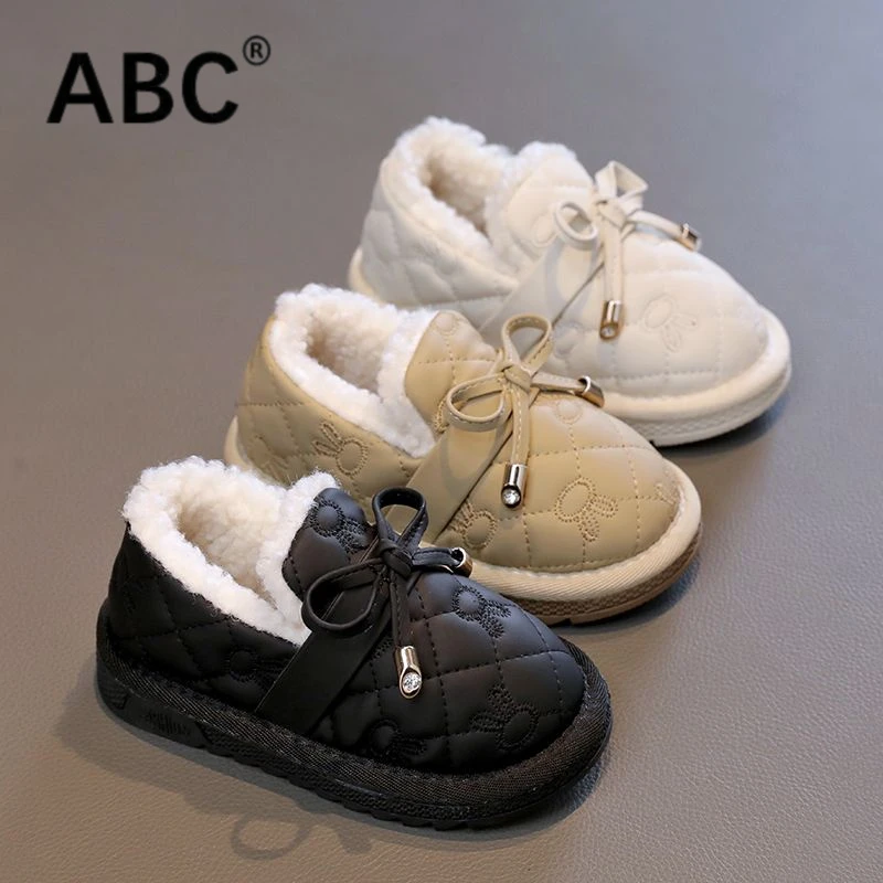 ABC儿童加绒2024冬季蝴蝶结新款女童保暖棉鞋豆豆鞋中皮面棉靴子