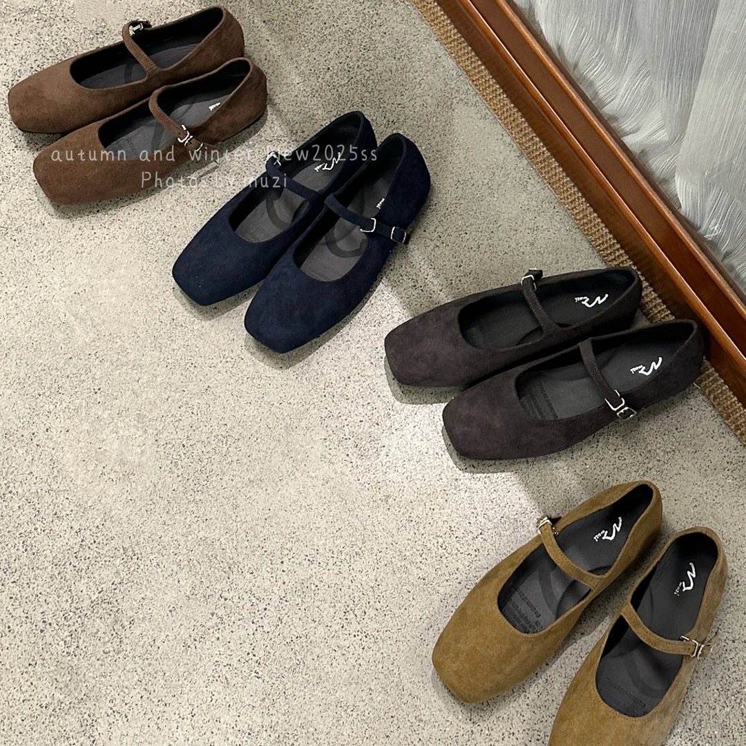 新款韩版方头低跟绒面皮浅口玛丽珍复古时尚极简内增高平底单鞋鞋