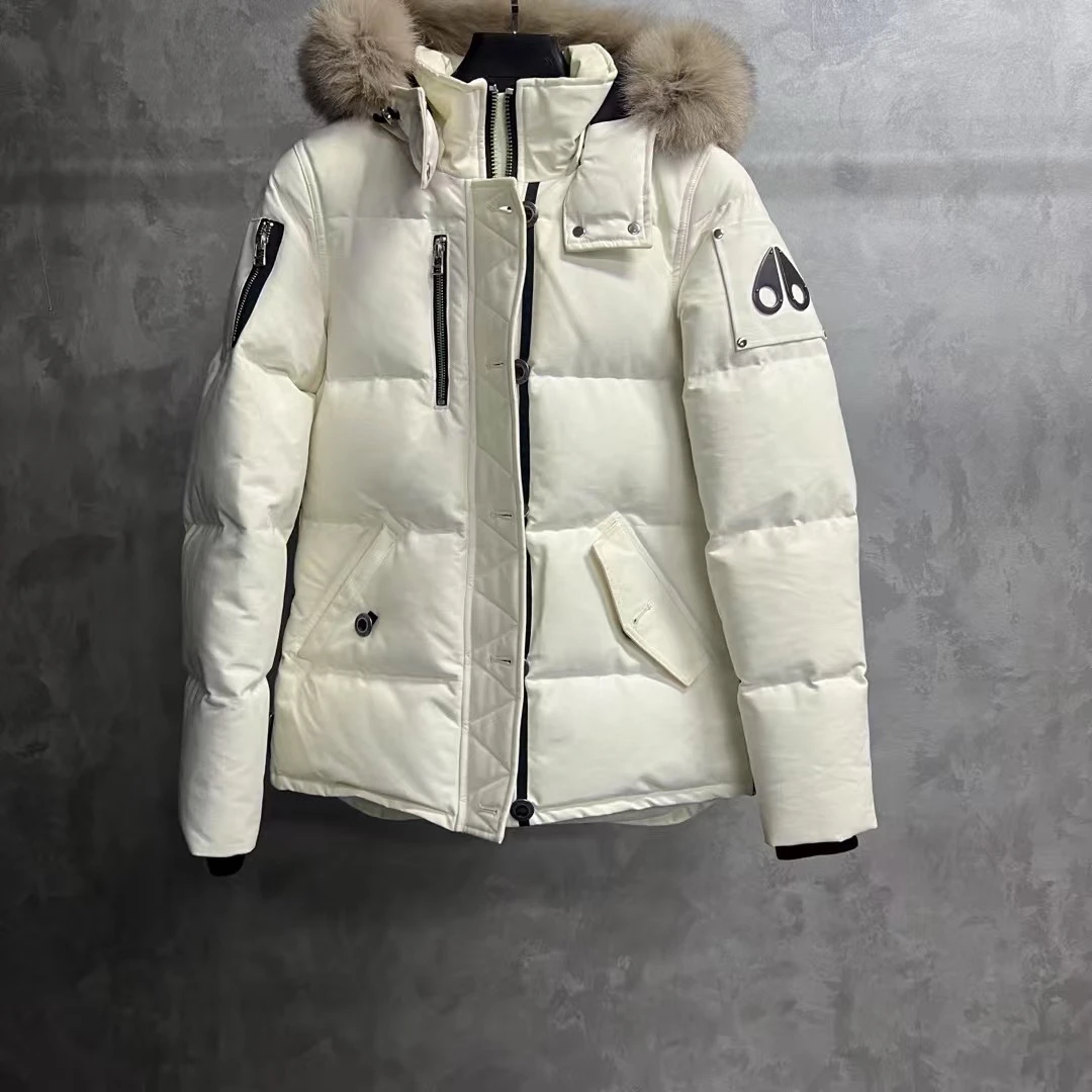 99新 MOOSE KNUCKLES/慕斯纳可兹 奶白色小剪刀合身连帽羽绒服/S