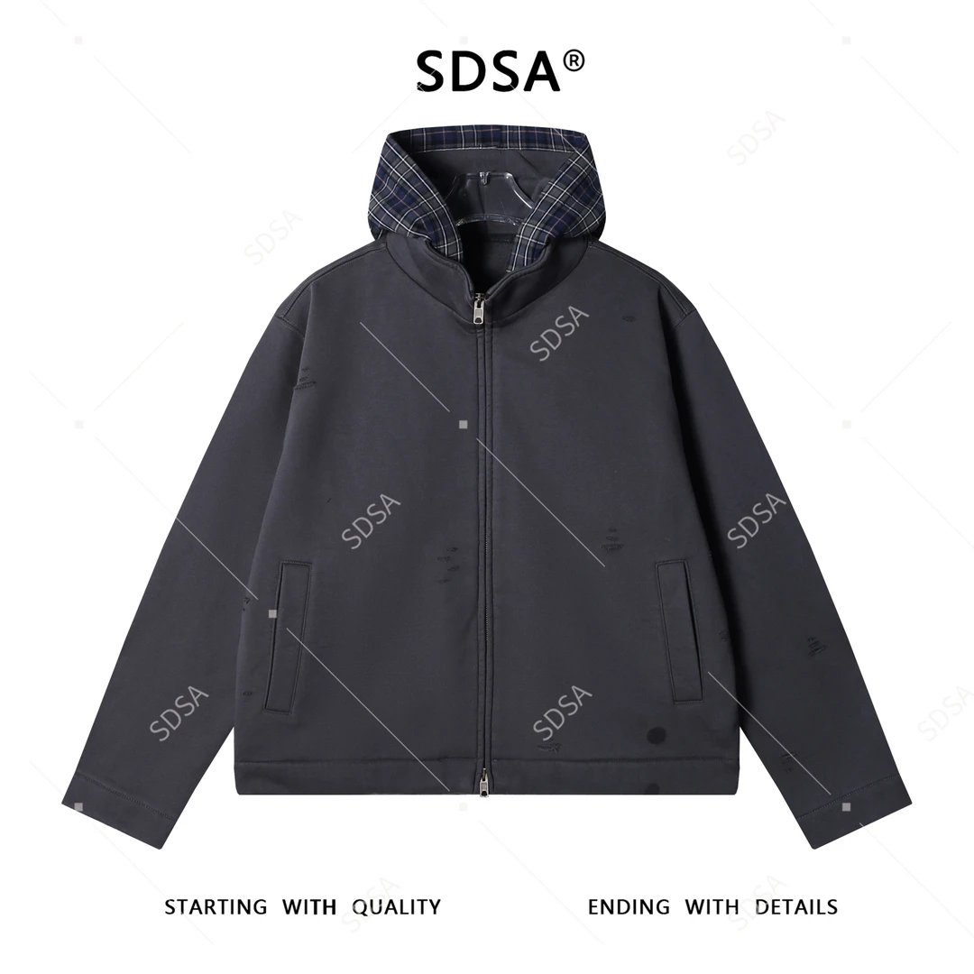 SDSA男士秋冬新款痞帅男装时尚拼接磨破立领拉链连帽卫衣时尚外套
