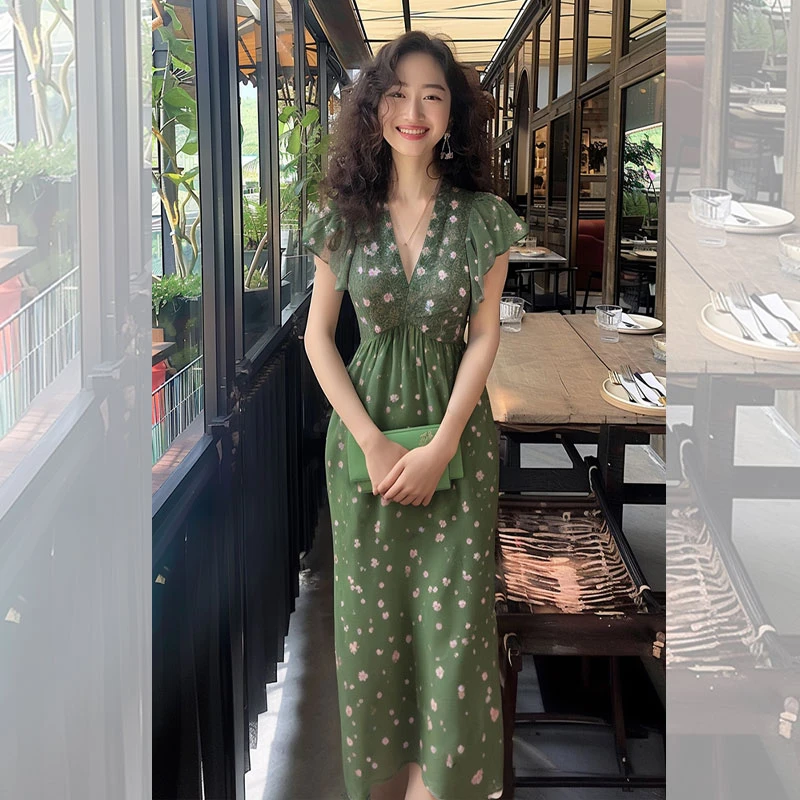 法式复古深v领绿色碎花飞飞袖连衣裙女2025夏收腰显瘦包臀长裙ins