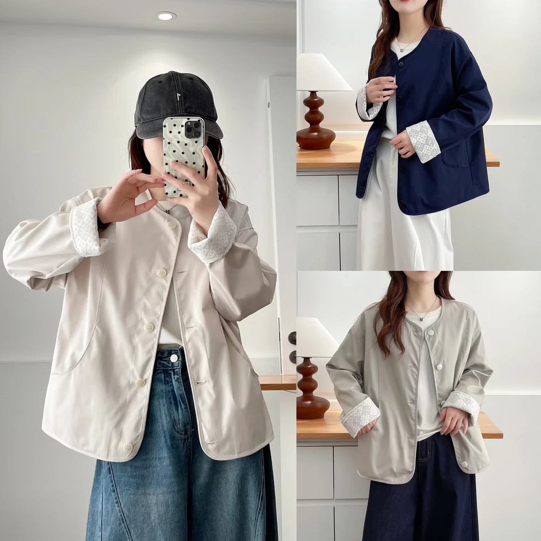 818大码秋季韩系圆领蕾丝拼接撞色风衣外套XY