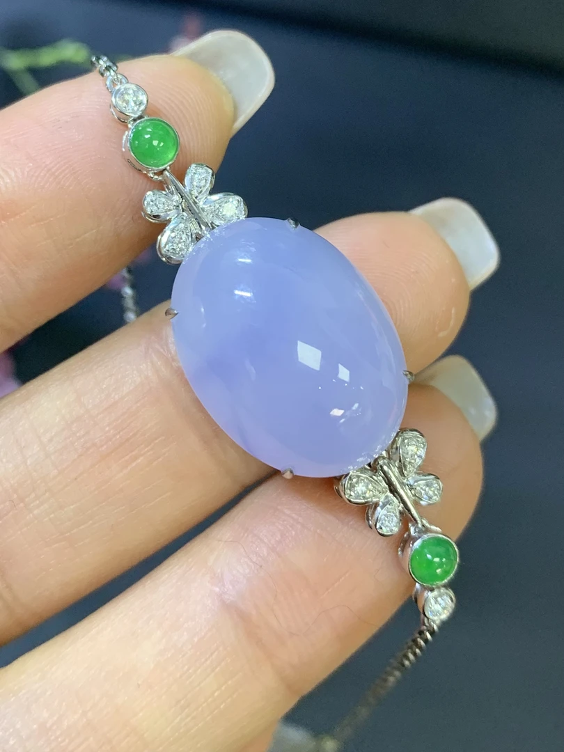 冰紫蛋面手链 天然翡翠A货 尺寸：18.9*14*10.4mmMq气质紫色冰透