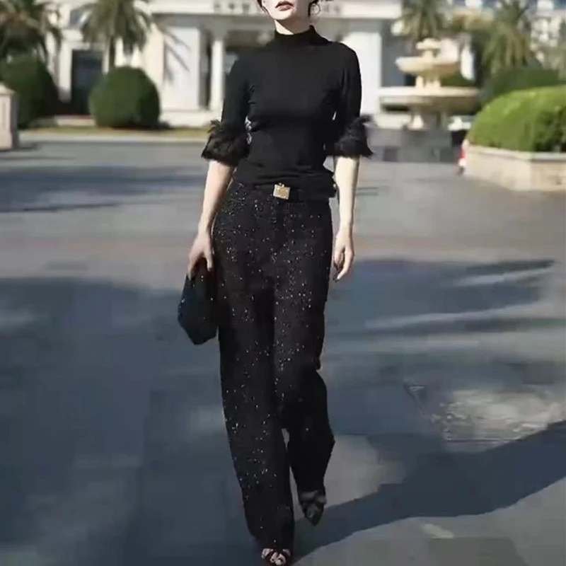 新款时尚长袖细闪阔腿裤高腰直筒长裤女装-