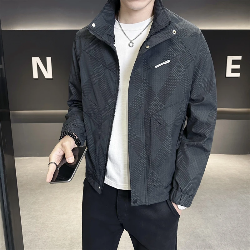 范希巴迪立领外套男士高端格子秋装潮流薄款工装夹克飞行员棒球服