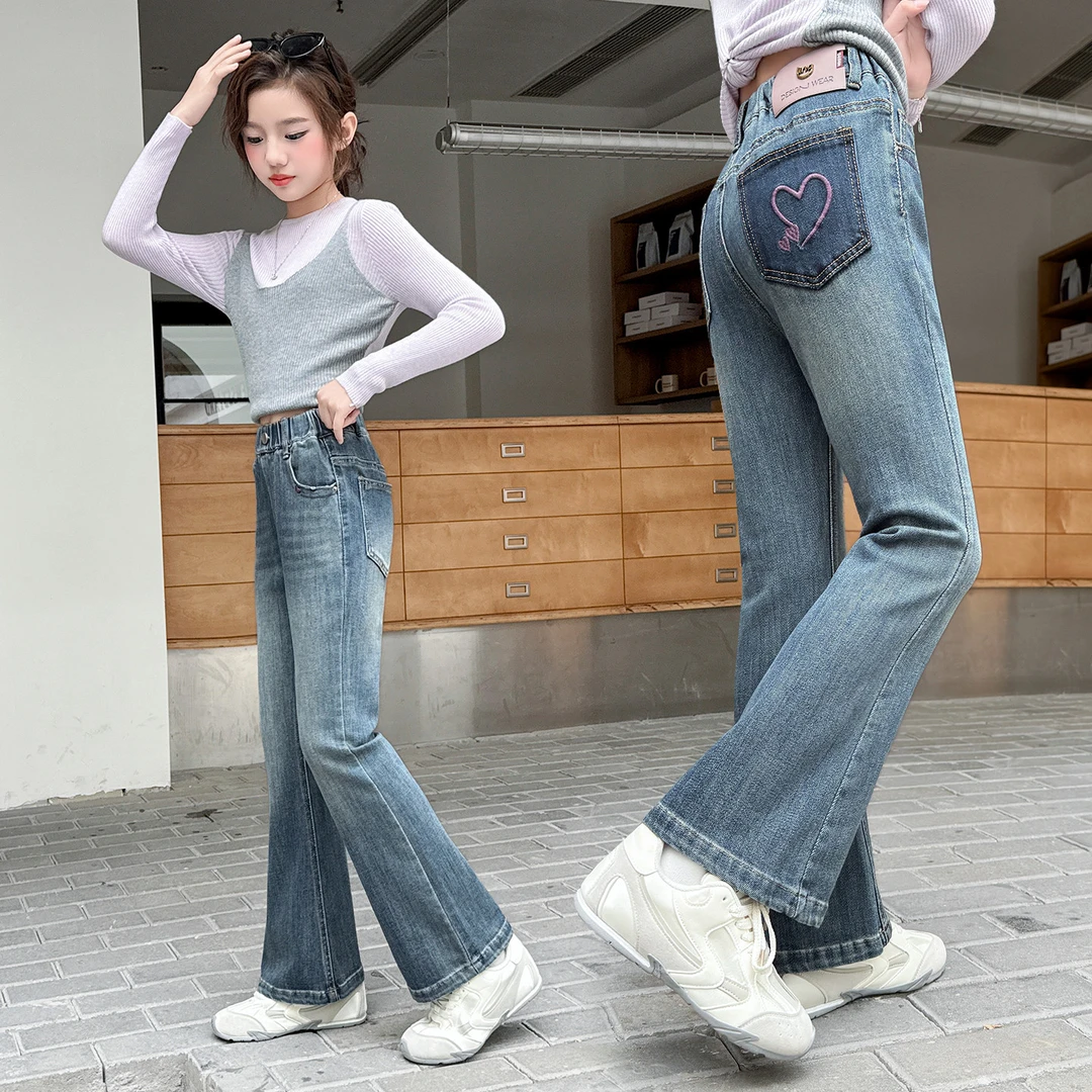 女童裤子牛仔喇叭裤春秋装2025新款中大童韩版弹力微喇裤秋季长裤