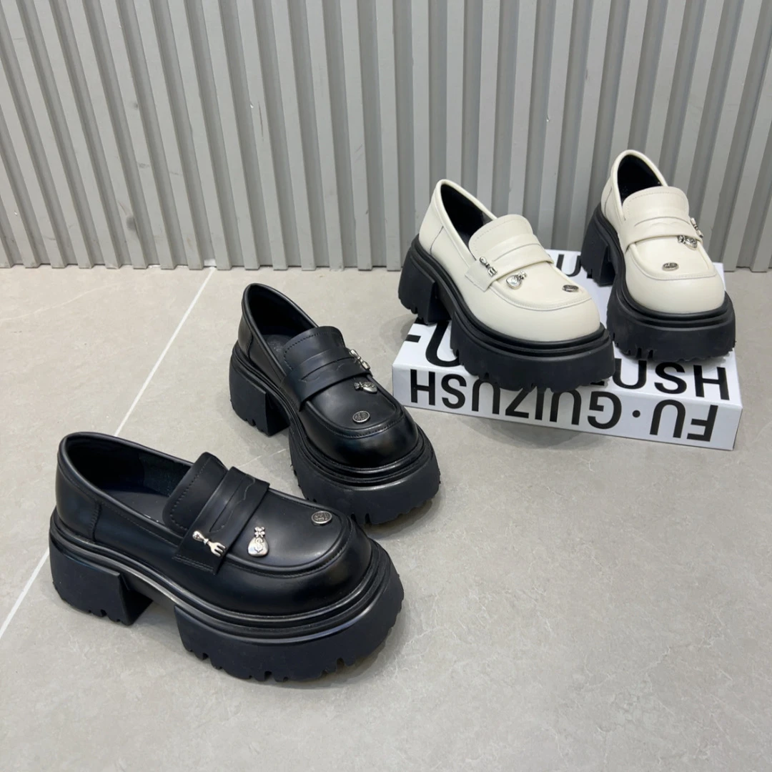 时尚百搭休闲夏季乐福鞋黑色复古春季粗跟厚底高跟英伦风圆头