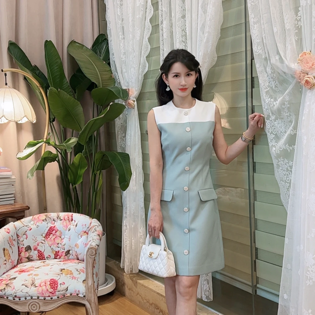 【两生花】 AN021 安妮老板 撞色气质经典有口袋无袖连衣裙