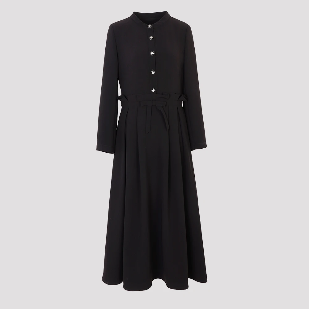 品牌立领纯色长袖连衣裙秋季木耳边拼接衬衫裙收腰长裙33936