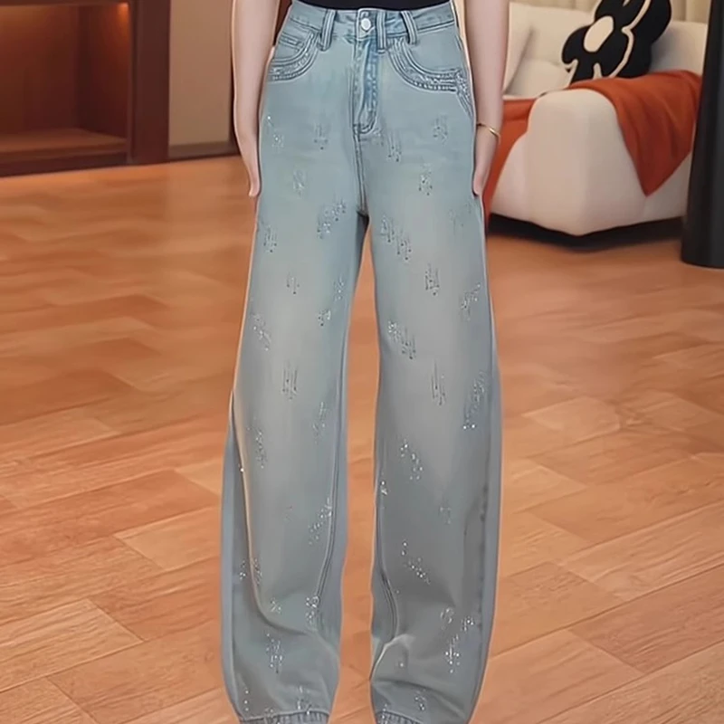 复古时尚气质重工烫钻设计感高腰牛仔裤女2025春季小众设计感裤子