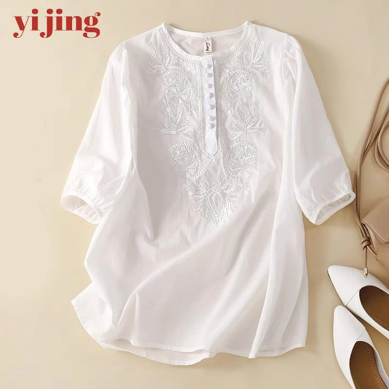 白色时尚短袖t恤，女子夏季瘦2025年新的大尺寸宽松看妈妈的上衣