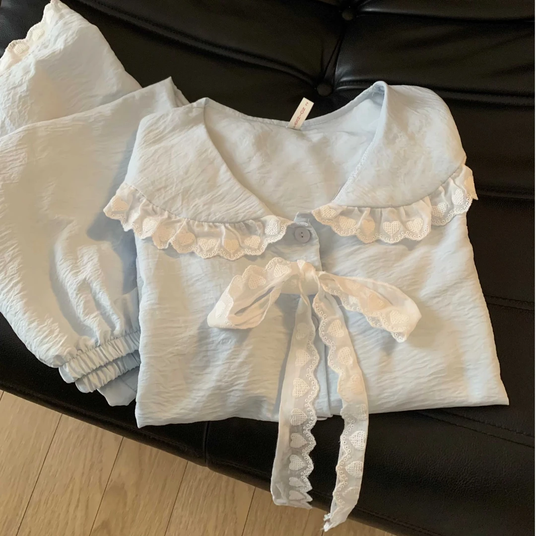 新款春秋甜美少女娃娃领公主风蕾丝花边睡衣女长袖长裤居家服套装