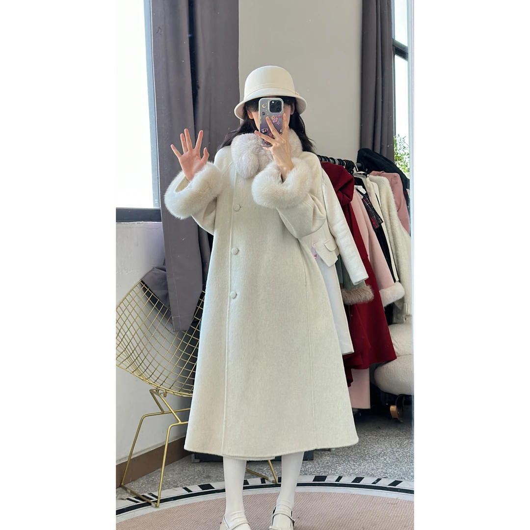 小小仟 民国千金双面羊毛环保毛长款大衣风衣单排扣毛领狐狸毛