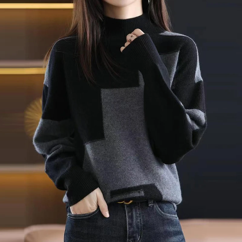 羊毛衫女秋冬新款套头宽松显瘦羊绒拼色毛衣半高领针织内搭打底衫