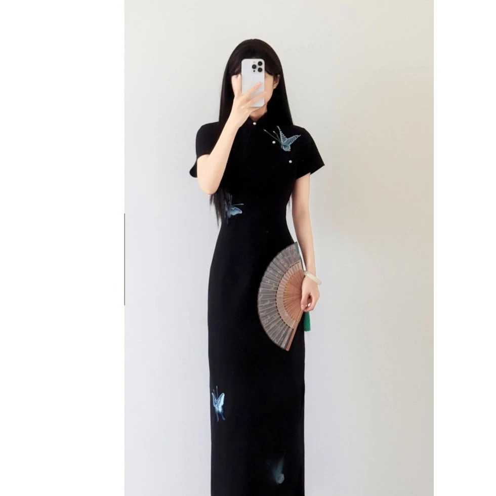 【苔蝶眠2.0】蝴蝶改良旗袍刺绣少女气质修身显瘦黑色连衣裙新中式