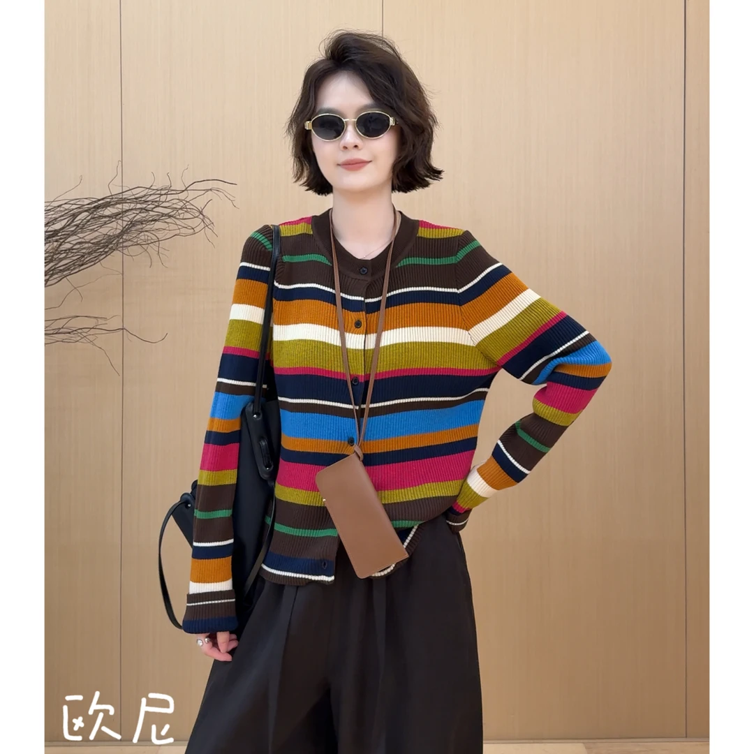 欧尼私服【彩色糖果针织衫】2025秋季新款条纹针织开衫 2509C5857