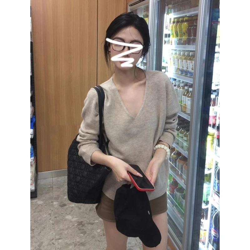 韩系穿搭V领毛衣2025春季慵懒风chic软糯内搭打底衫宽松针织上衣