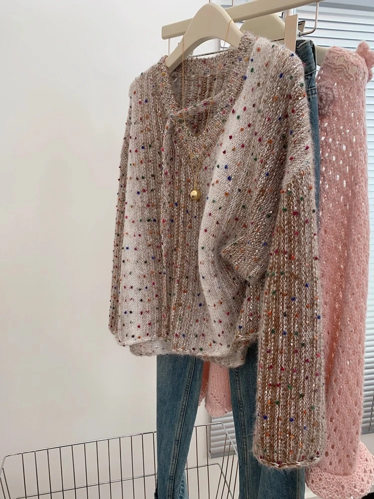 2025新款复古v领套头长袖宽松外穿毛衣慵懒高级感软糯针织上衣女