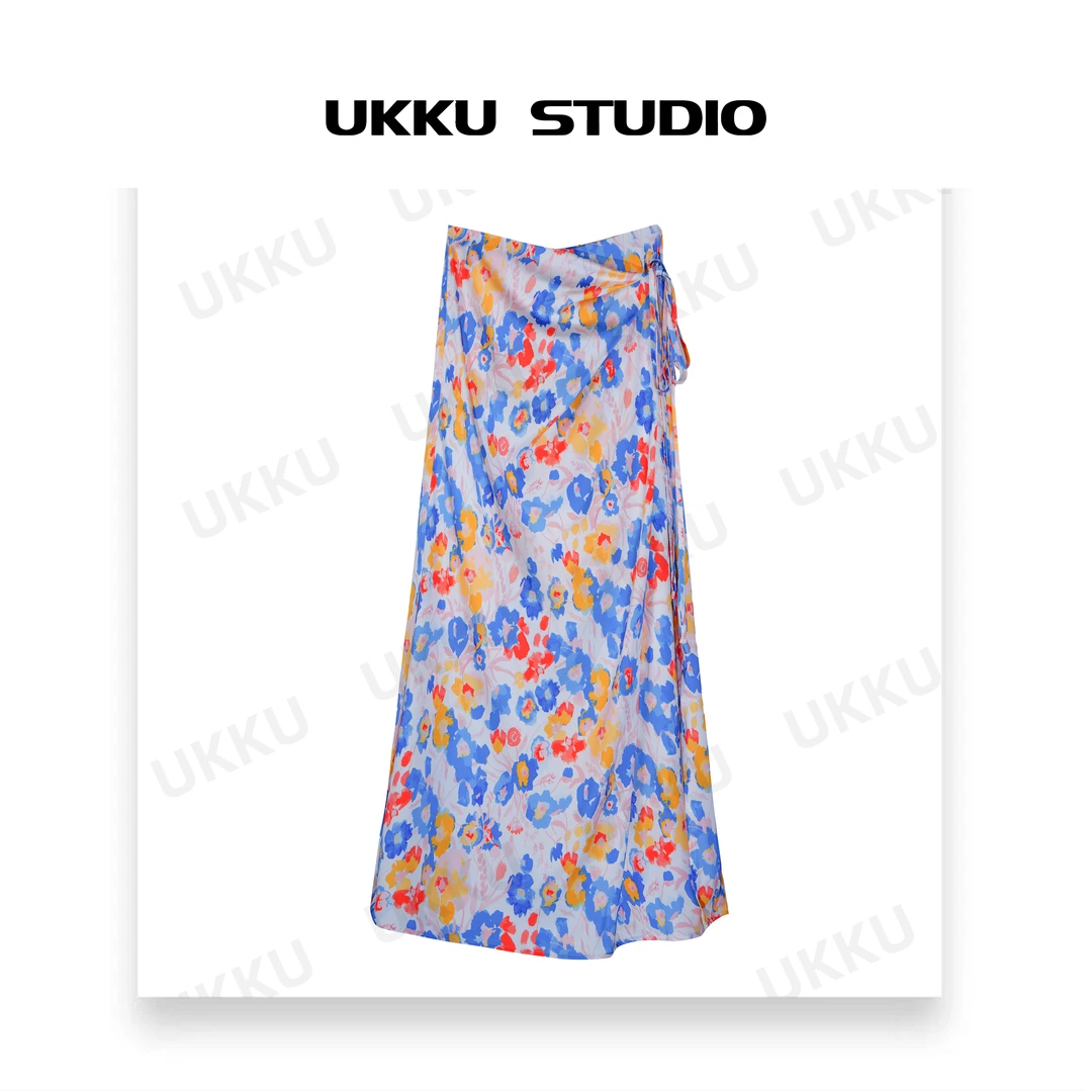 尧尧【UKKU STUDIO】轻奢设计师蓝色宽松印花吊带性感半身裙 312301