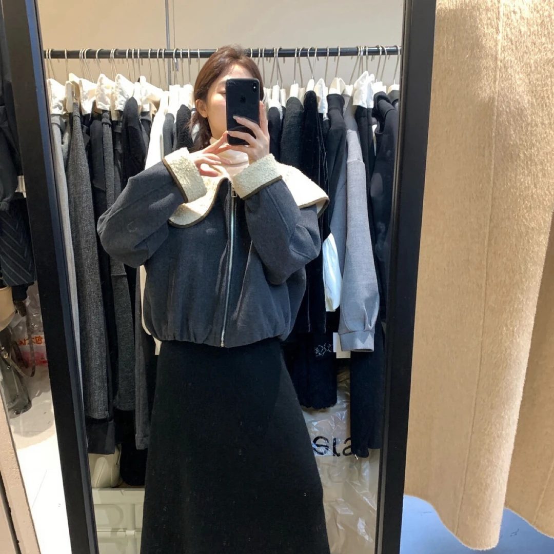 冬上新简约复古日常通勤圈圈毛大翻领夹棉短外套短款百搭小个子