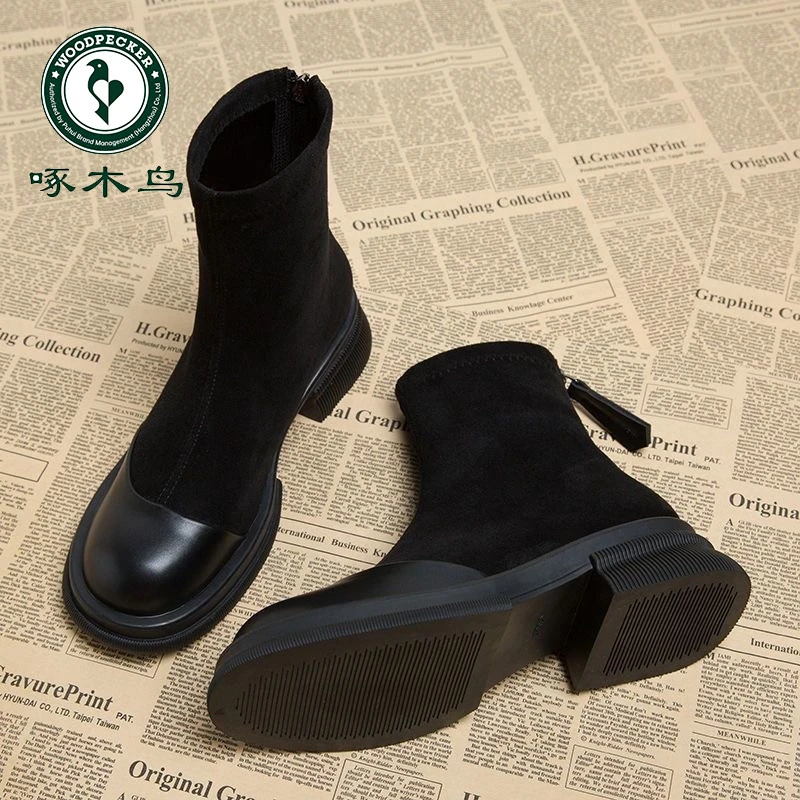 啄木鸟马丁靴女秋冬季单靴网红厚底粗跟弹力瘦瘦靴冬季加绒短靴子