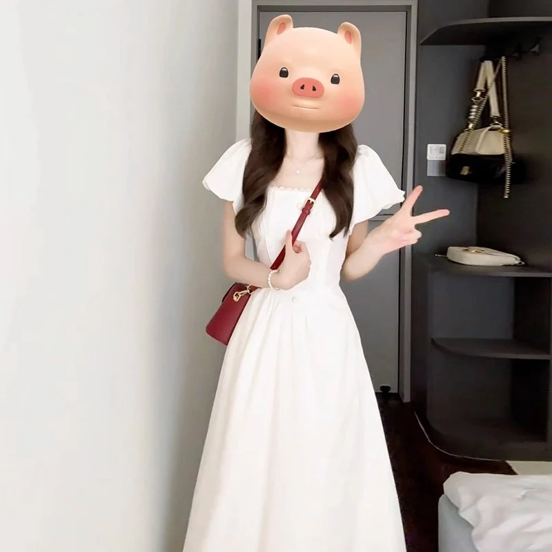 Umi/法式气质泡泡袖方领白色连衣裙女夏季爆款漂亮绝美收腰中长裙