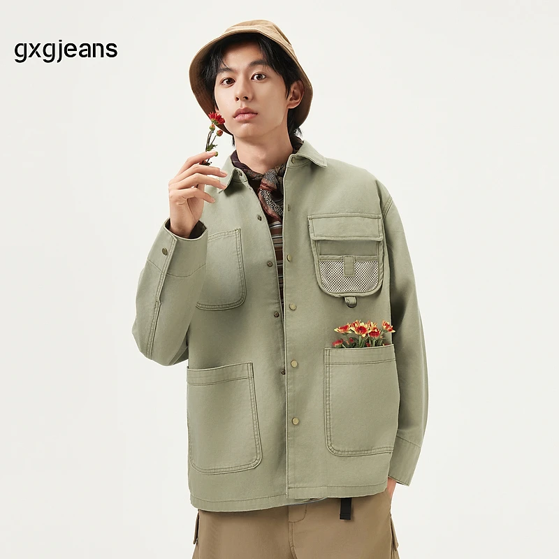 gxgjeans绿色多口袋牛仔夹克外套男25春#J25DE81001