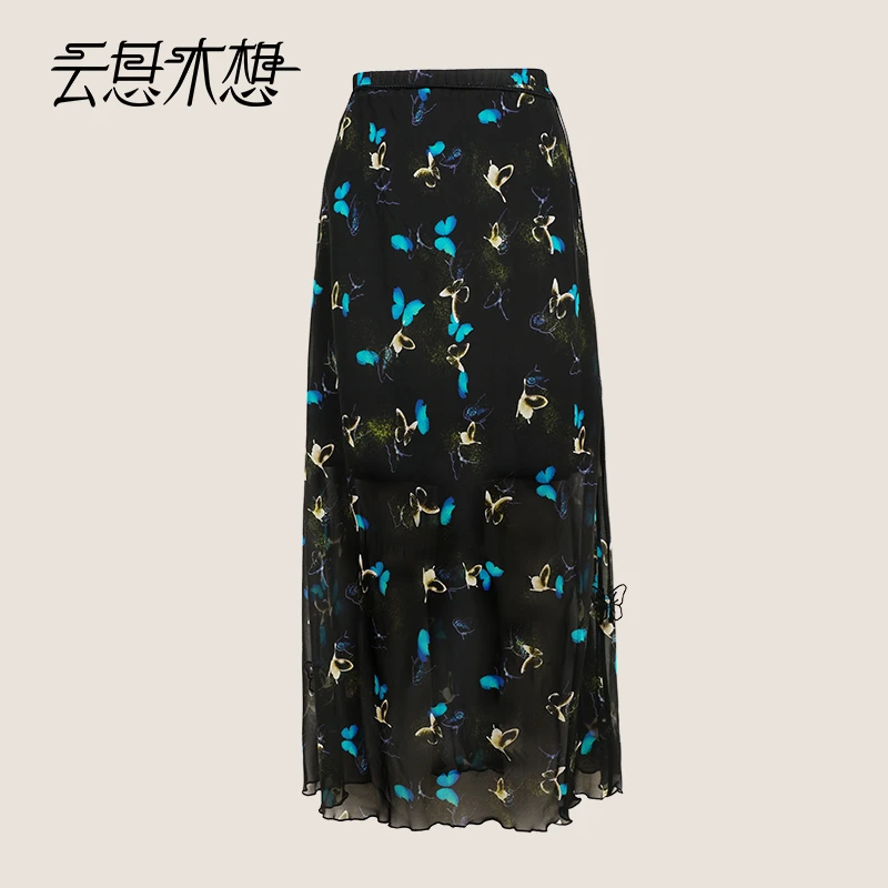 Ysimo-X云思木想 兰夜梦蝶 印花编绳吊坠橡筋腰桑蚕丝半身裙13235