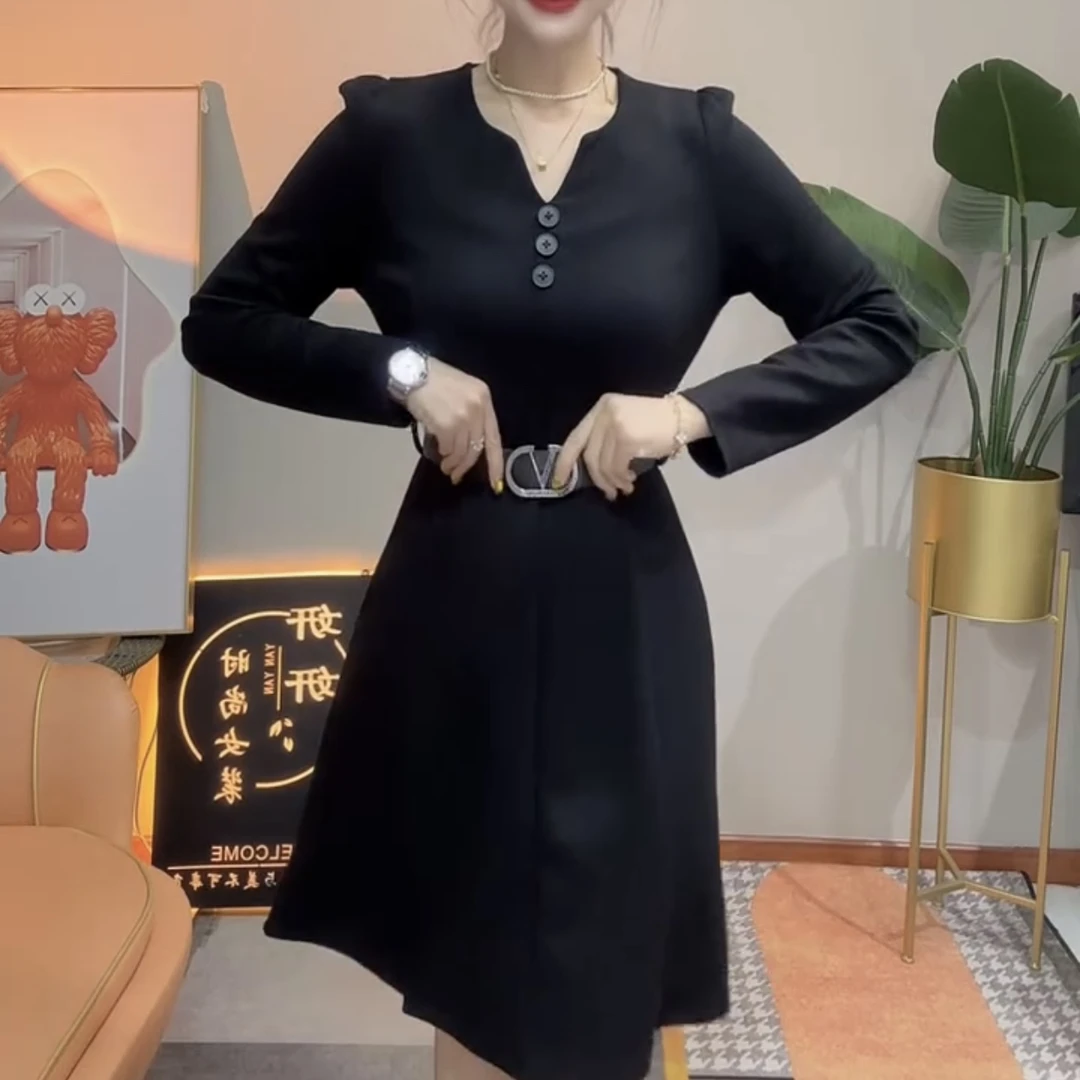 秋季新款时尚收腰长袖黑色显瘦百搭气质连衣裙