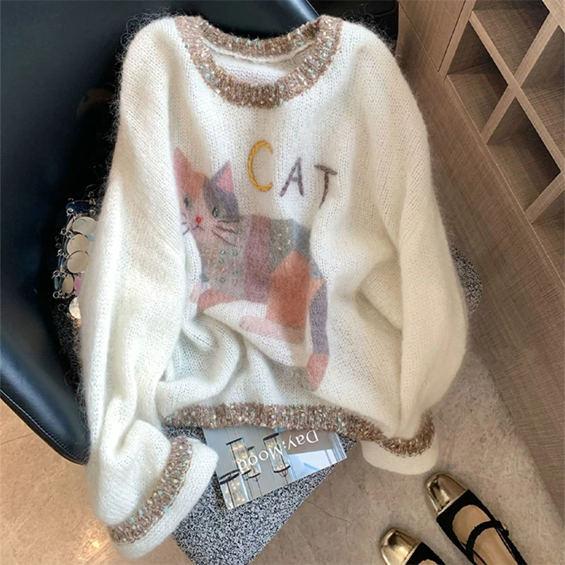 米白色重工钉珠卡通印花长袖针织衫女春秋慵懒风软糯马海毛毛衣