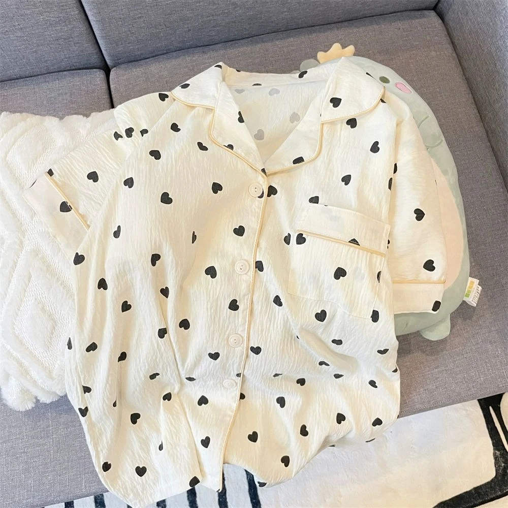 套装夏睡衣家居服短裤黑桃心打包女款少女可外穿休闲短袖