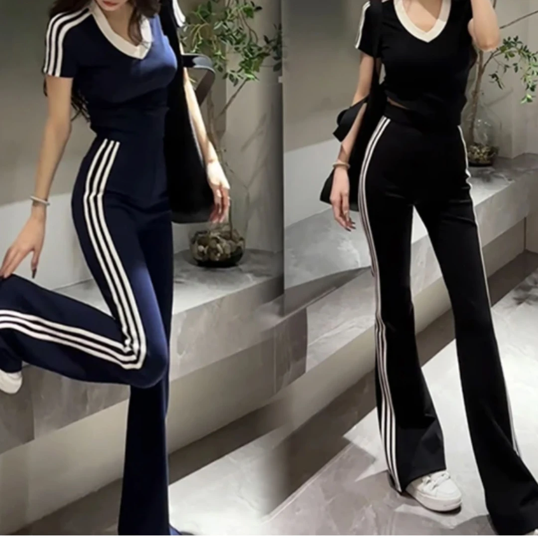 大婷婷休闲运动套装短袖条纹拼接时尚2025夏季新款显瘦修身两件套