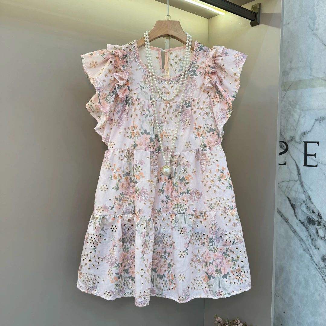 新款洋气木耳边袖口带钻减龄甜美少女感胖妹妹显瘦夏日连衣裙1826