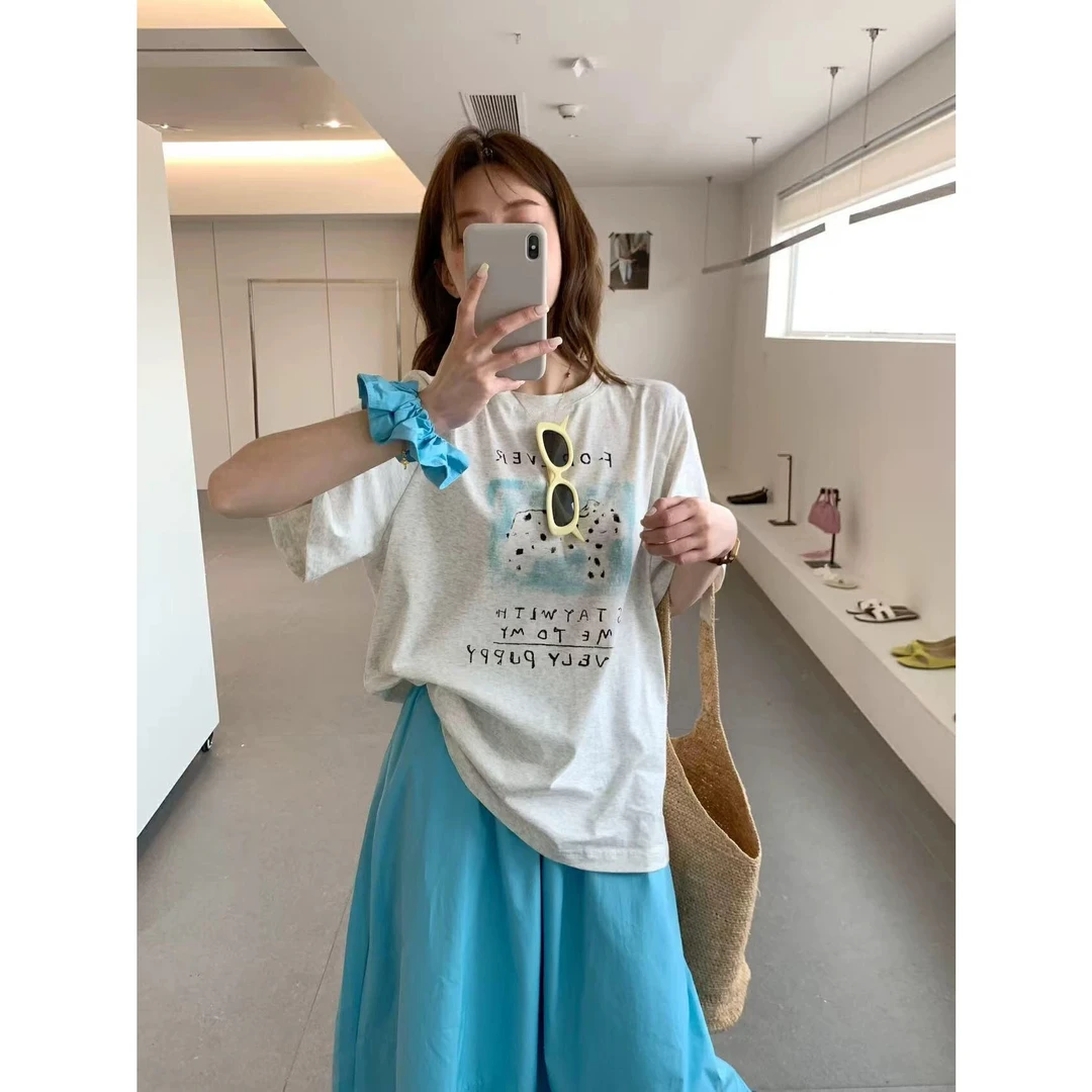 루루가−（蓝色波点狗）韩国东大门慵懒风穿搭短袖T恤+半身裙+发圈 套装