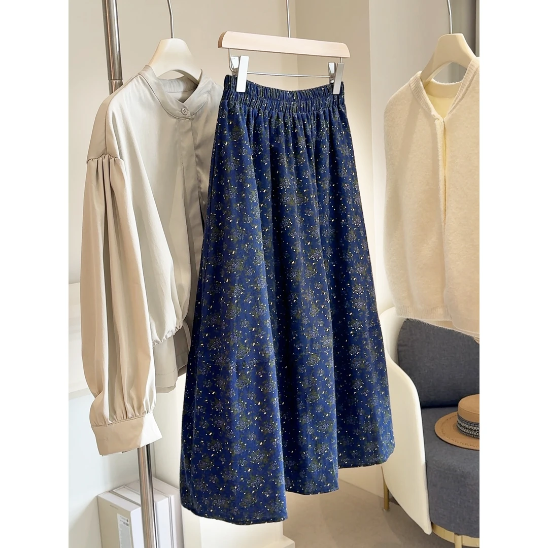 咖色碎花半身裙女秋2025新款小个子高腰百搭松紧腰a字伞裙中长裙