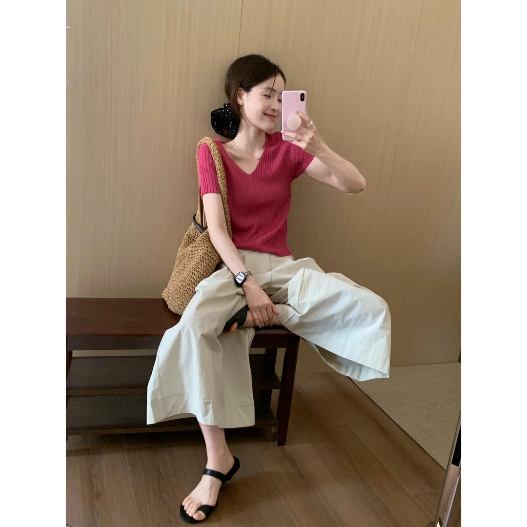 洋气衣服女2025夏季时尚V领短袖针织上衣+宽松百搭休闲裤气质套装