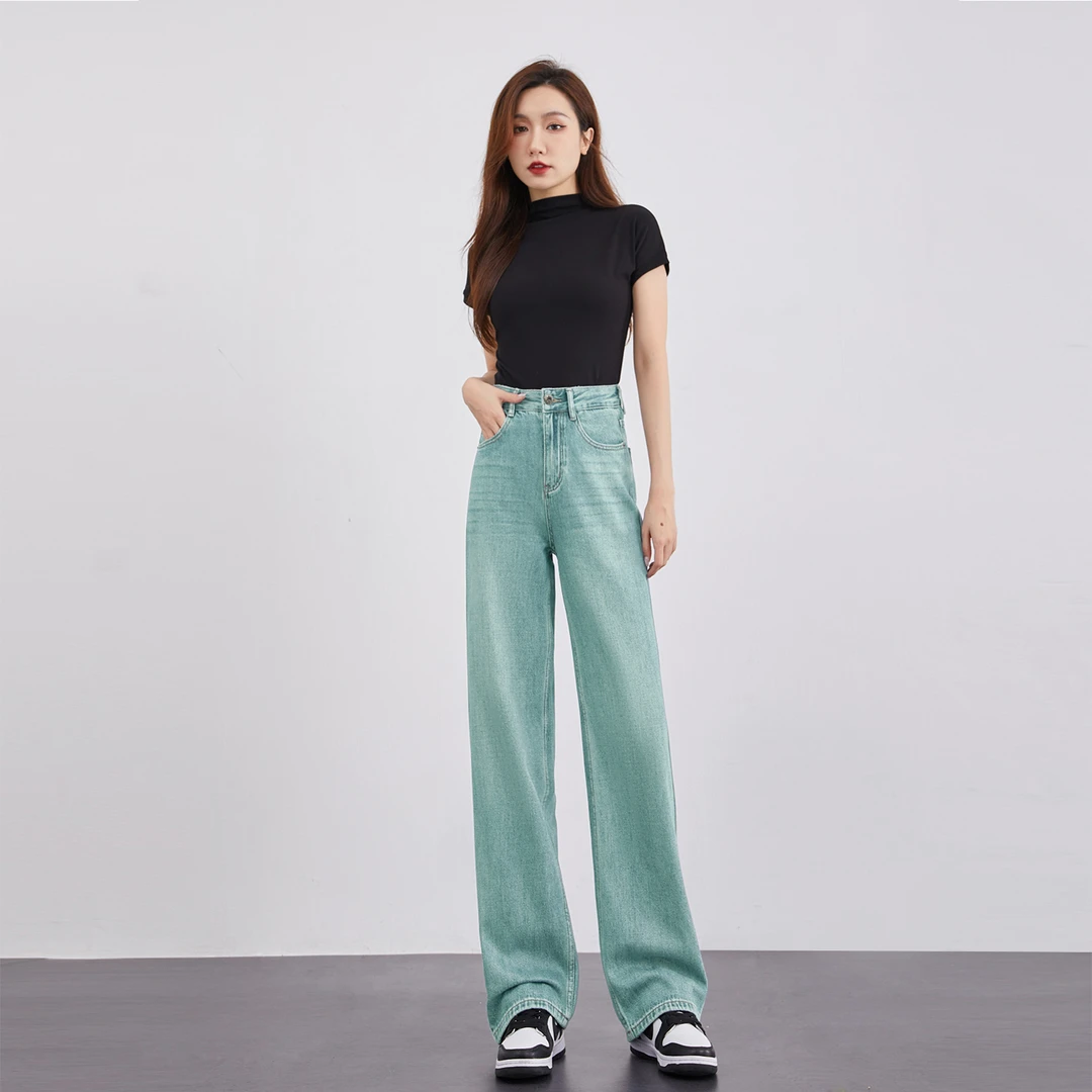 2025新款（琥珀绿）高腰显瘦遮肉窄版直筒牛仔女裤