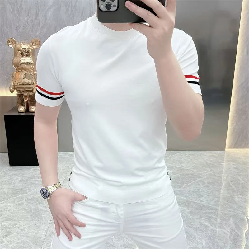 2025夏季新款欧货轻奢高品质冰麻针织个性潮流纯色条纹元素T恤