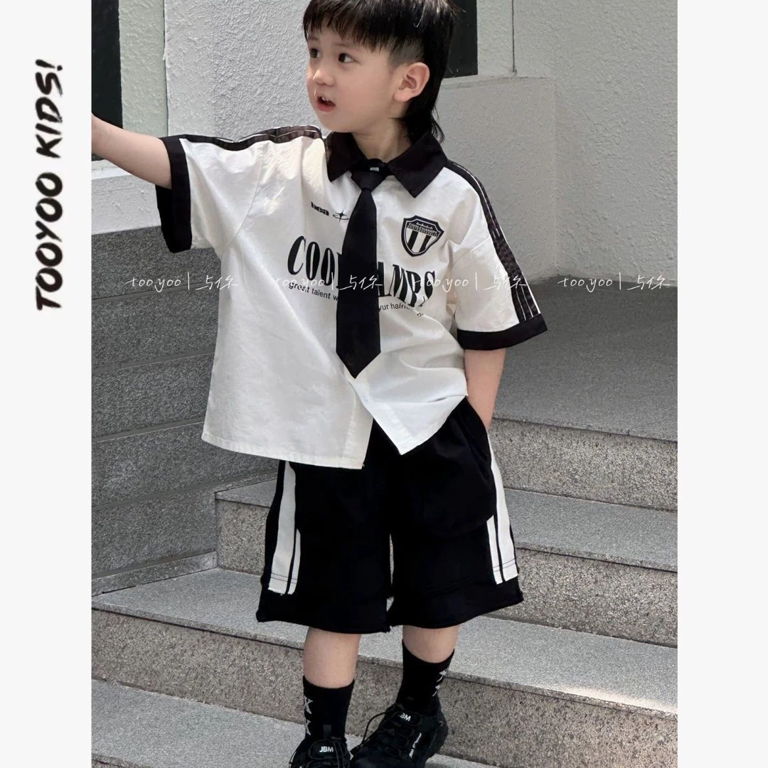 童装男童夏装套装2025夏季儿童英伦学院风衬衫短裤两件套领带上衣
