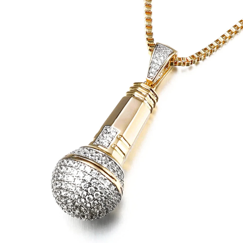 铜锆石吊坠 欧美跨境麦克风话筒吊坠男说唱歌手摇滚饰品满钻镶嵌