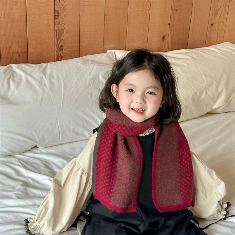 2024新款安哥拉红色系儿童针织围巾冬季洋气百搭宝宝围脖加厚保暖