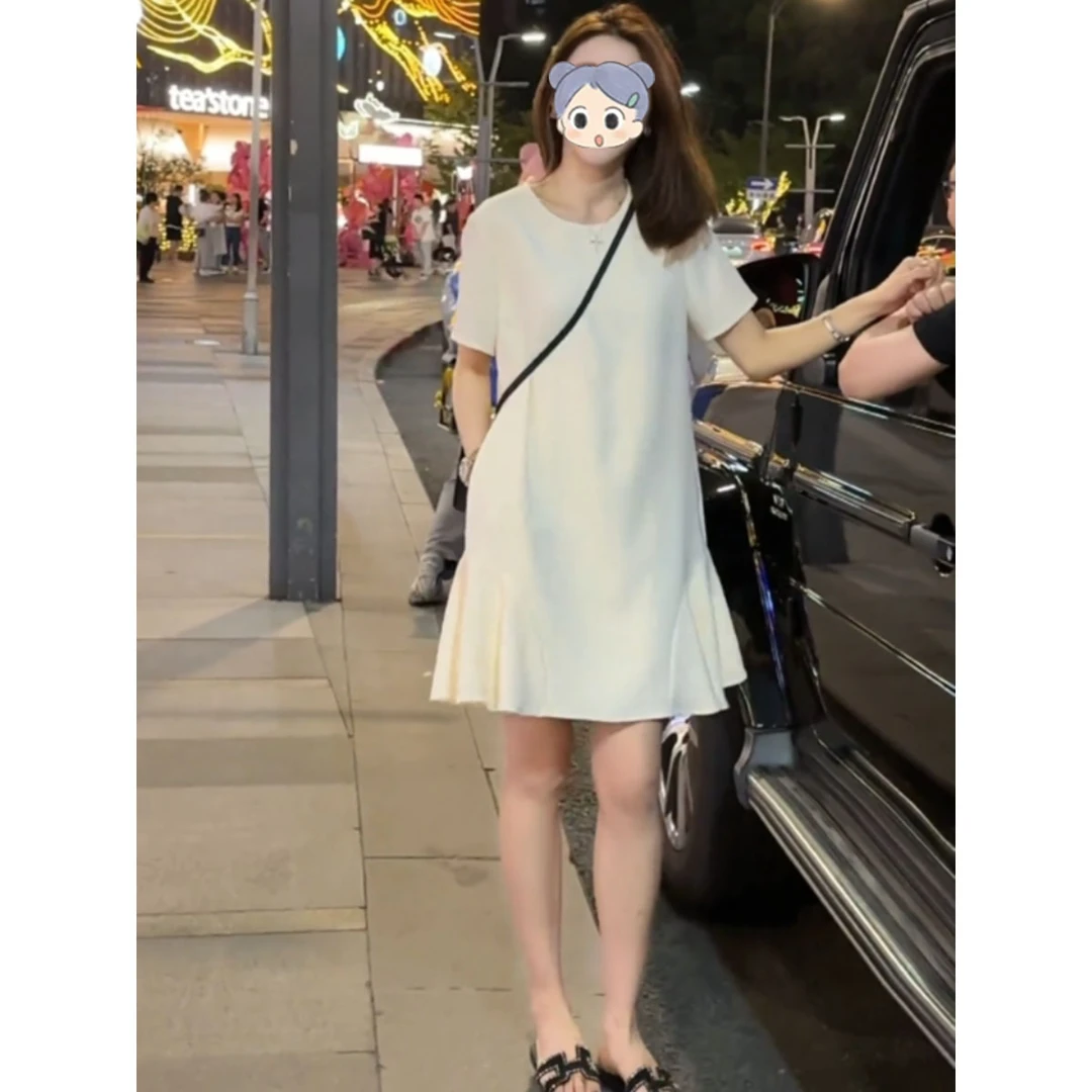 法式赫本风荷叶边短袖连衣裙女2025夏季小香风休闲气质显瘦鱼尾裙