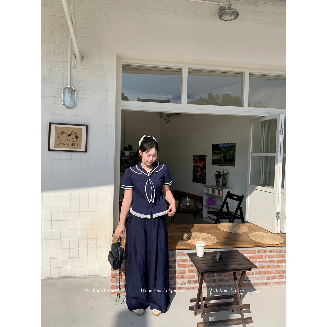 知葵微胖定制【艺展缪斯】夏学院风海军领蕾丝拼接衬衫12253CS7599