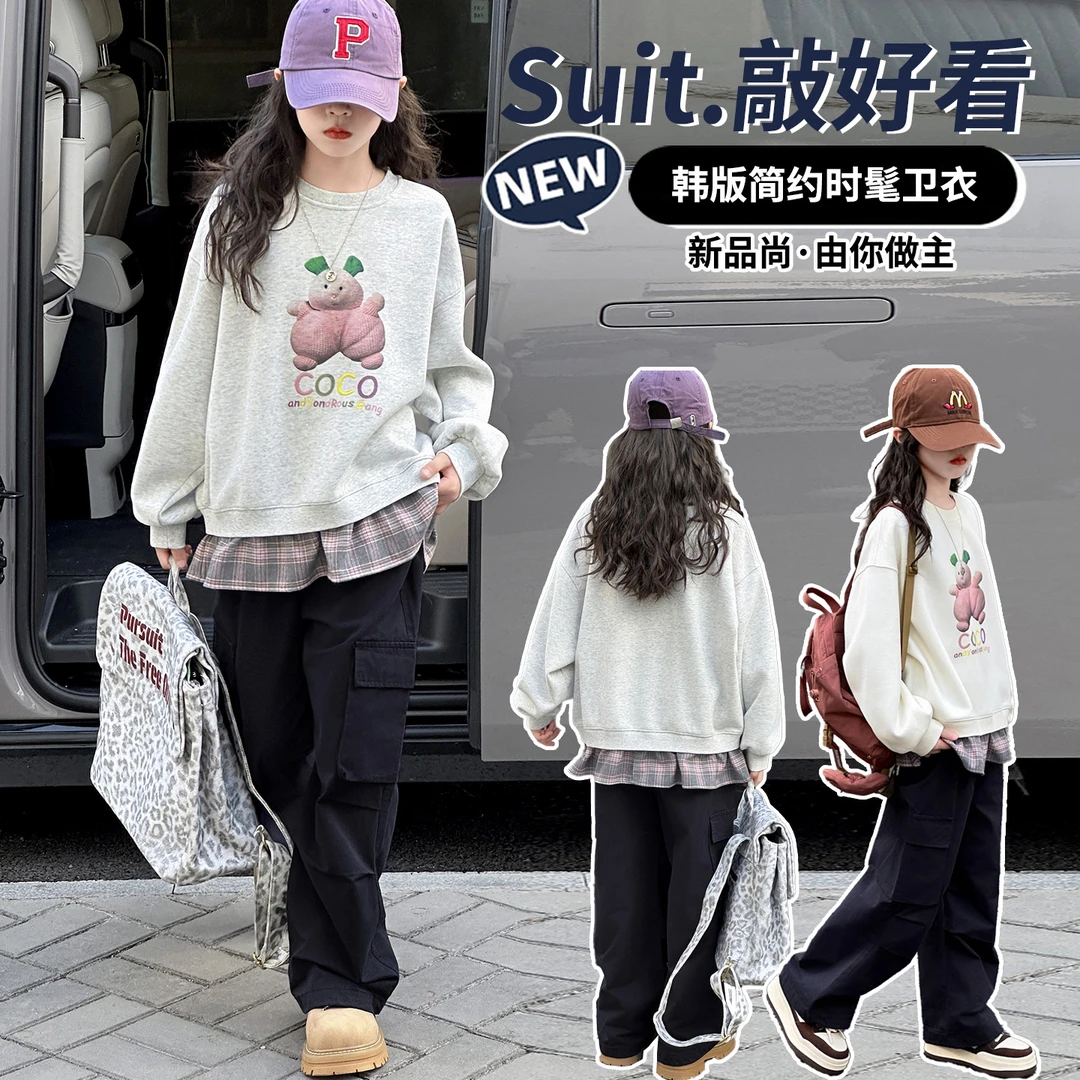 女童印花春秋休闲卫衣秋季套头2025新款中大童宽松格子拼接圆领杉