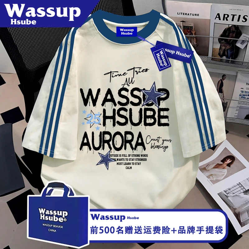 WASSUP HSUBE夏季三条杠短袖星星字母印花上衣ins男女纯棉痞帅T恤