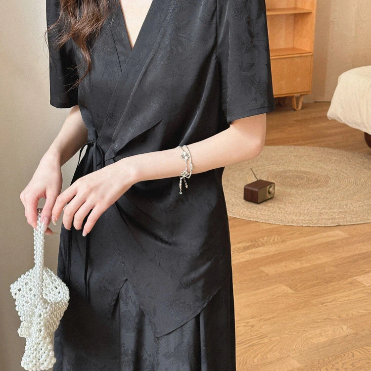 新中式中国风时尚两件套长裙女夏装新款系带显瘦黑色短袖时尚套装